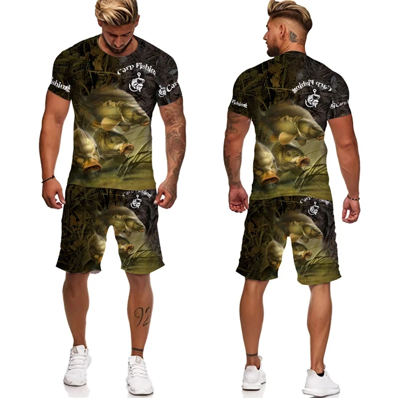 Summer Carp Fishing Pattern Men\'s T Shirt+Shorts 2PCS Outfits Casual Shorts Sets 3D Print Oversized Man Clothes O-Neck Tracksuit