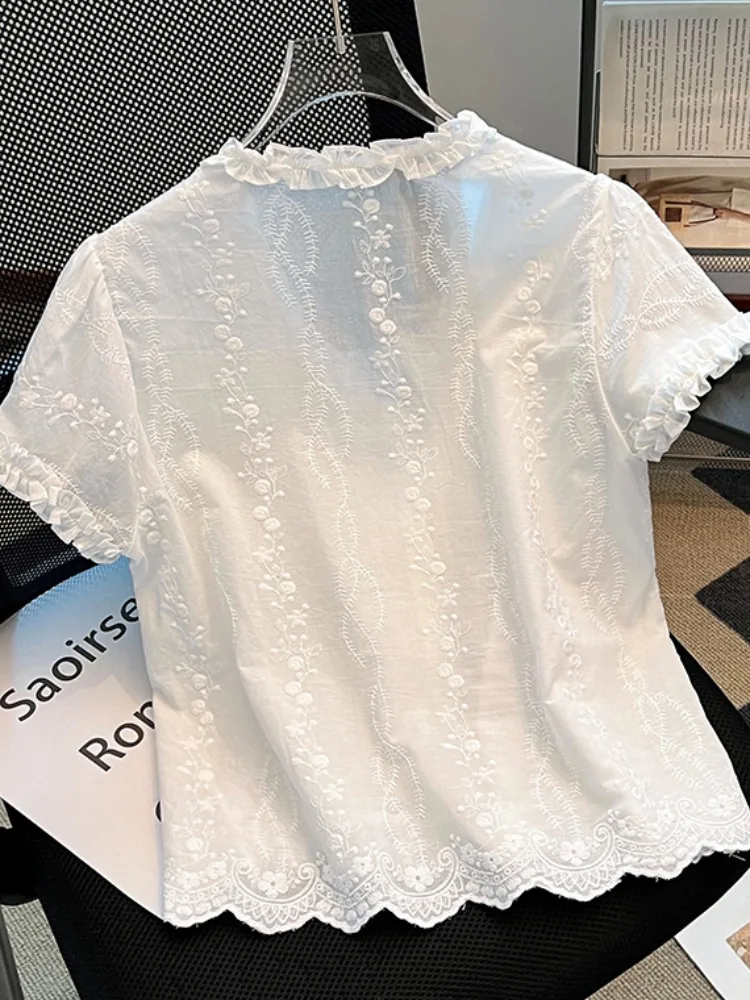 Summer ort Sve Embroidered Ruffle Hem irt Women's Korean Sle Loose Fit Lace Collar Single Piece  Knot Design