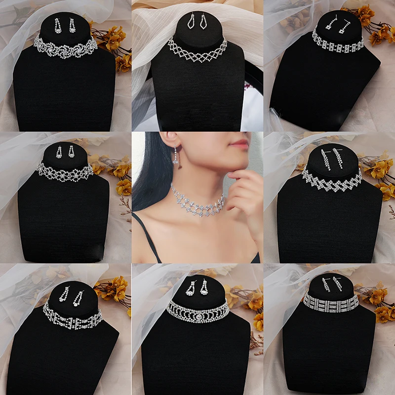 ZANLLOY Fashion Rhinestone Geometric Choker Necklace Earrings Ladies Party Bridal Crystal Wedding Jewelry Set