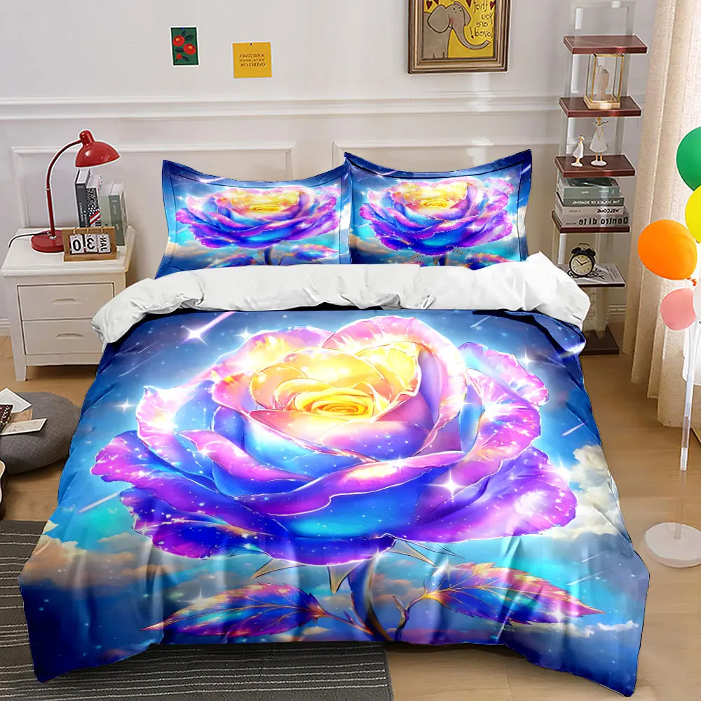 Dreamy Rainbow Rose Blossoms Printed Duvet Cover Set1 Duvet Cover+2 PillowcaseMulti Size Bedroom Bedding Decor Luxury gifts