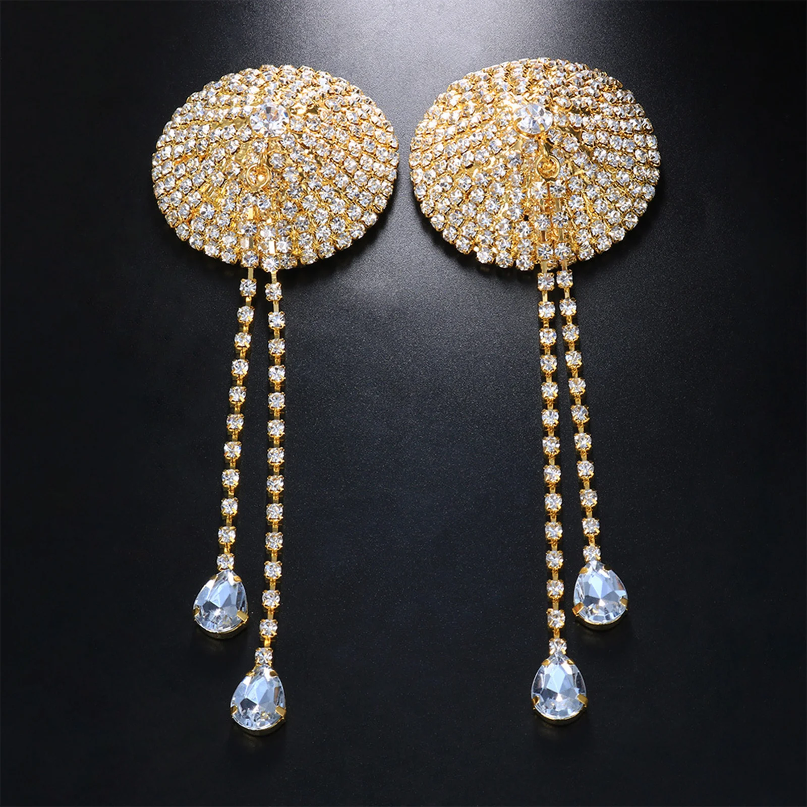 Sexy Rhinestone Nipple Stickers Women Chain Edge Tassel Breast Bra Nipple Cover Self Adhesive Round Shape Bra Nipple Pasties Pad