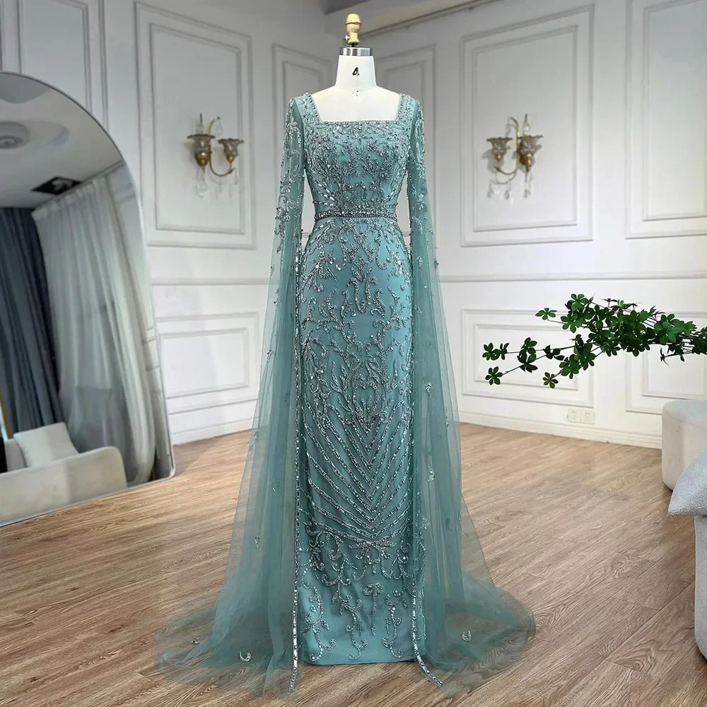 Customized Turquoise With Beaded Cape Sleeves Design Mermaid Long Evening Dresses Gowns For Women\'s Wedding Party Exquisite High