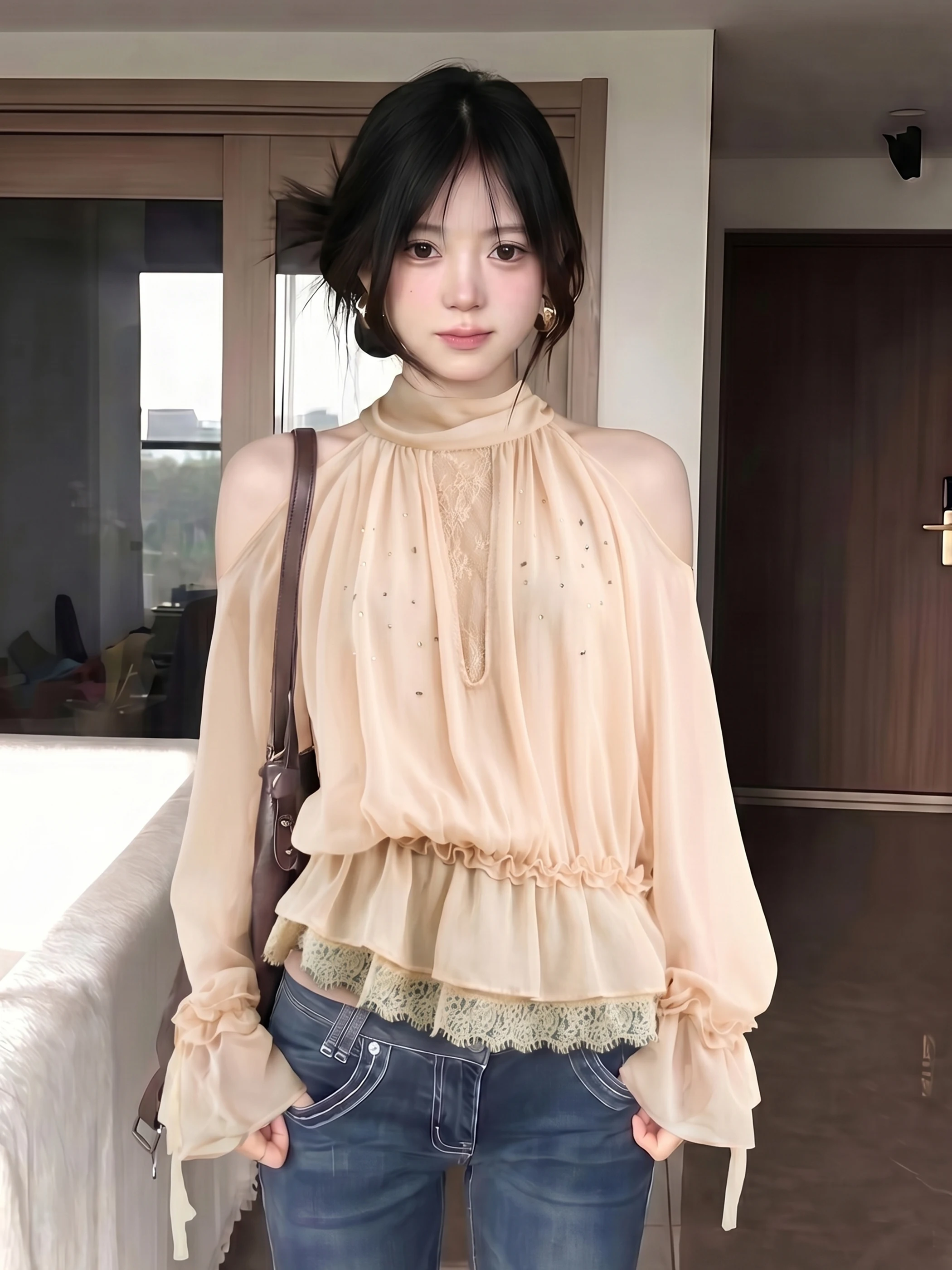 

Gentle Wind Shoulder Bared Lace Splice Chiffon Top Women's New Style Hanging Neck Bell Sleeve Loose Fit Long Sleeve Spring