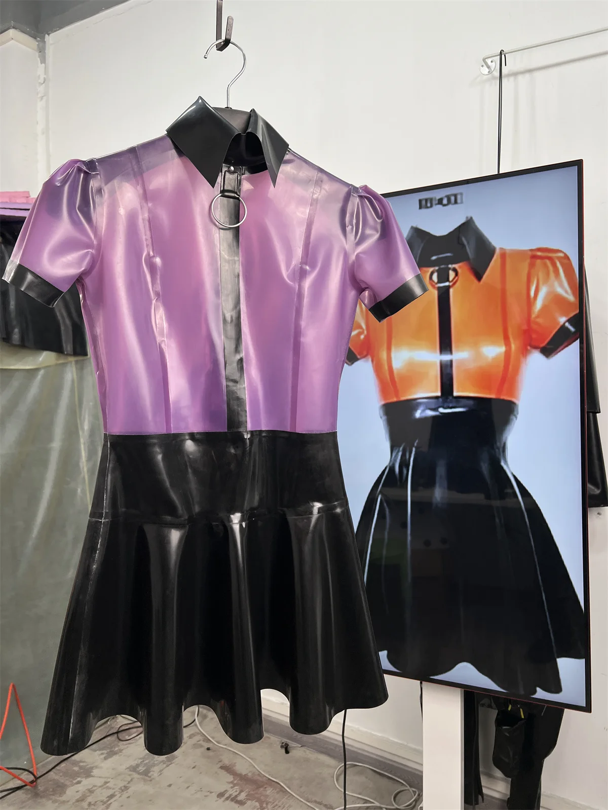 Orange Short Sleeve Blouse with Black Collar and Central O-Ring Detail Handmade Stage Top