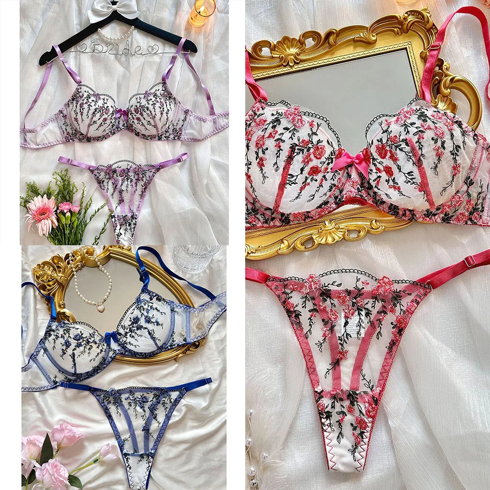 Sexy Women Ultra Thin Gauze Perspective Bra Thongs Lace Floral Embroidery Exotic Sets Breathable See Through Intimate Suit