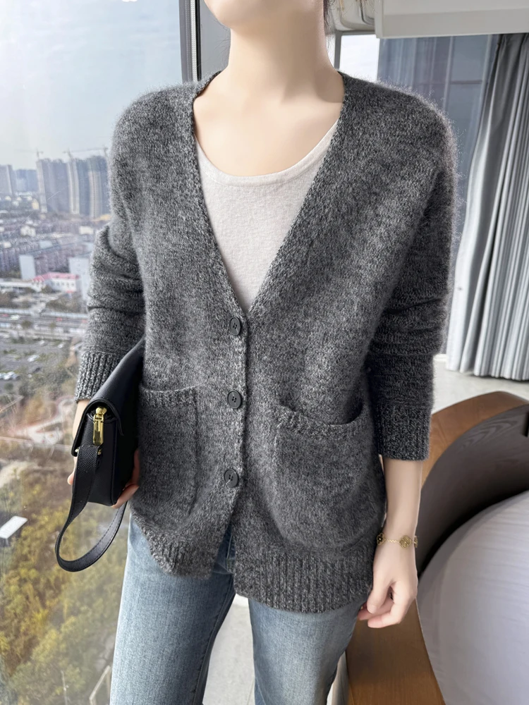 

100% Merino Wool Women Sweater Autumn Winter Fancy Yarn V-Neck Knitwear Loose Cardigan Long Sleeve Clothes Tops Casual Outerwear