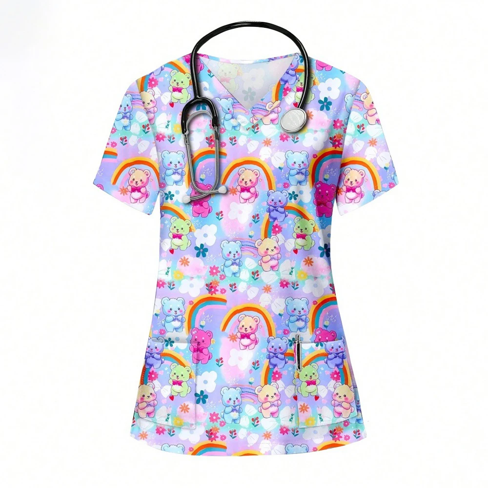 Hospital Nurse Uniforms Women Medical Uniform Print Scrub Top Silk Dental Clinic Work Clothes Mens Scrubs Short Sleeved Jacket