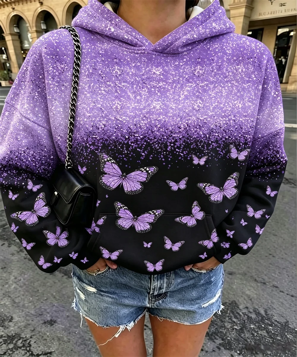 2026 Autumn Women's Purple Sparkling Pink Gradient Butterfly Printed Hoodie, Trendy Street Style Long Sleeve Loose Hoodie