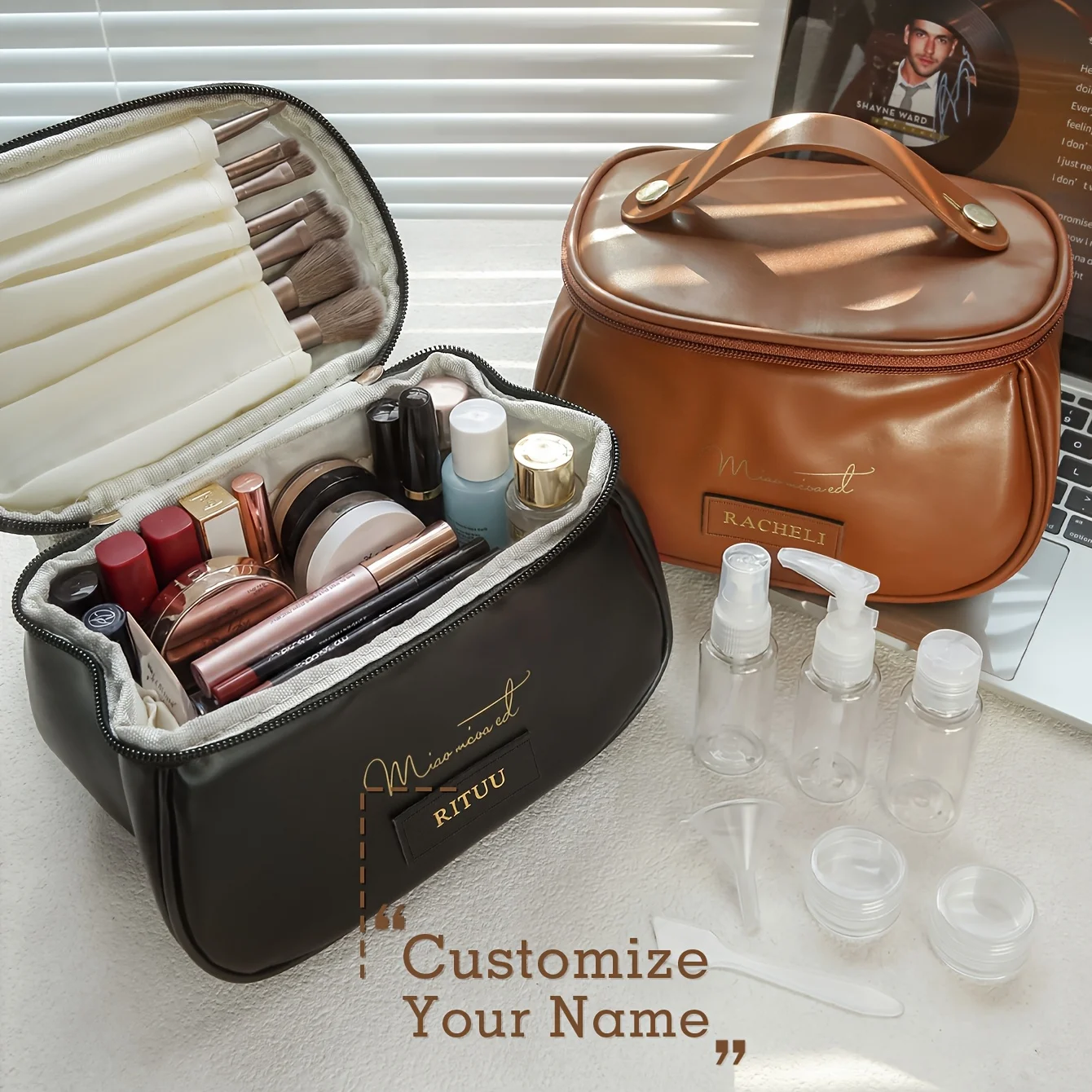 

8Pcs Personalized Name Handbag with Refillable Travel Bottles Customized Leather Handbag Custom Makeup Bag Travel Accessories