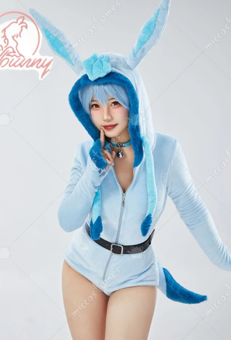 Mobbunny PM Derivative Cosplay Costume Fluffy Bodycon Romper Blue Furry Lingerie Hooded Bodysuit Homewear with Tail and Socks