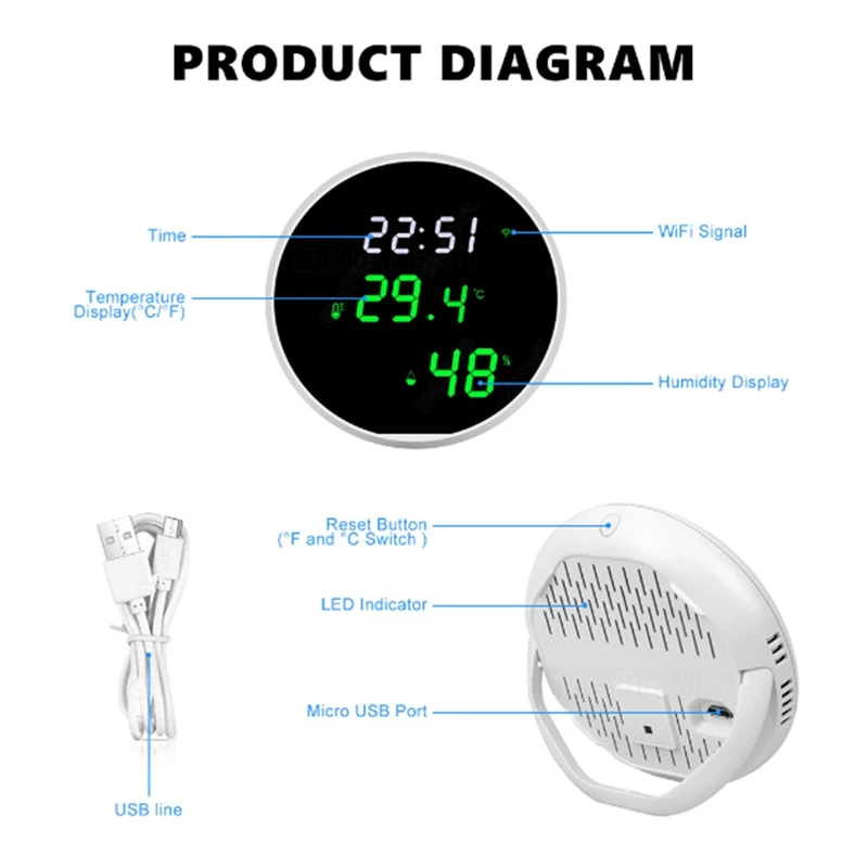 Temperatura Interior Digital e Sensor de Umidade, Display LED retroiluminado, App Notificação Alerta, 1 Conjunto
