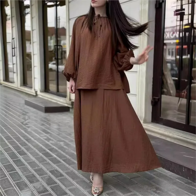 Women\'s Suit 2024 Spring New Casual Loose Skirt Suit Puff Sleeve Loose Top Sweeping Skirt 2-piece Set Womens 2 Piece Outfit Set