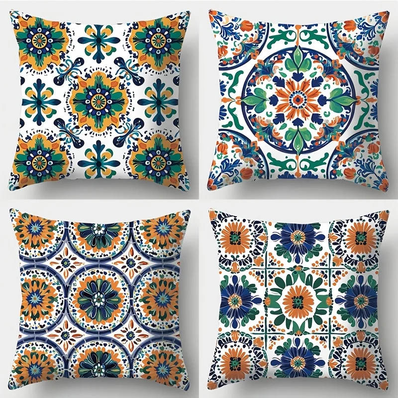 Juego  4 Fundas  Almohada, Fundas  Almohada con Estampado Floral Bohemio Blanco, Decoración l Hogar, 45.01 X 45.01 cm -