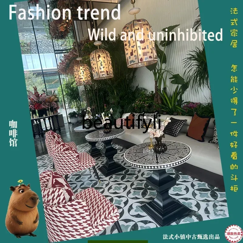 KK80  Household French retro painted round dining table, lobby table, high-end designer medium and ancient style07