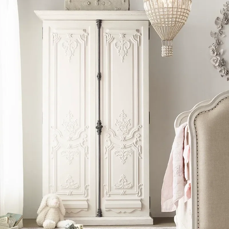 White Carved Solid Wood Wardrobe Single Door Bedroom Storage Cabinet Large Capacity Closet for Small Apartment Home Furniture