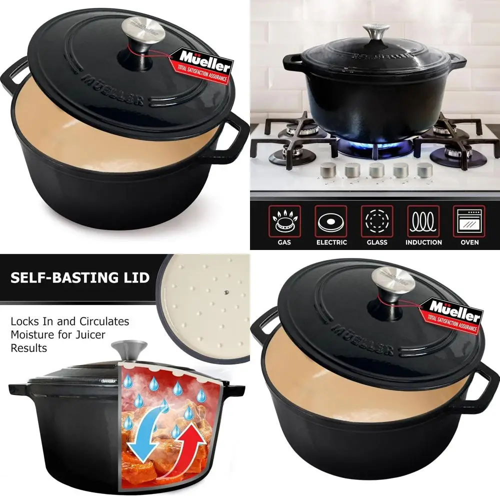 

Enameled Cast Iron Dutch Oven, 4.5 QT, Heavy-Duty Casserole & Braiser Pan with Lid, Oven-Safe to 500°F, All Cooktops, Black
