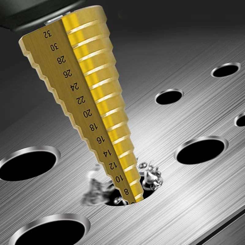 Set di punte per trapano a gradino HSS da 7 pezzi scanalatura dritta taglierina per fori a cono rivestita in titanio punzone centrale automatico punta per sega a spirale