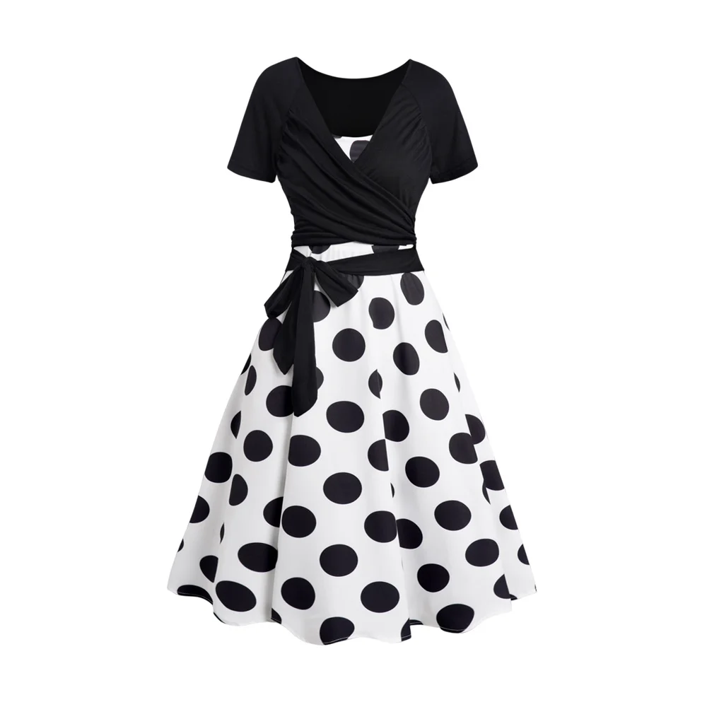 Polka Dots Print Sleeveless A Line Midi Dress And Crossover Bowknot Tied Plain Cropped Top Set For Women Party Casual Clothing