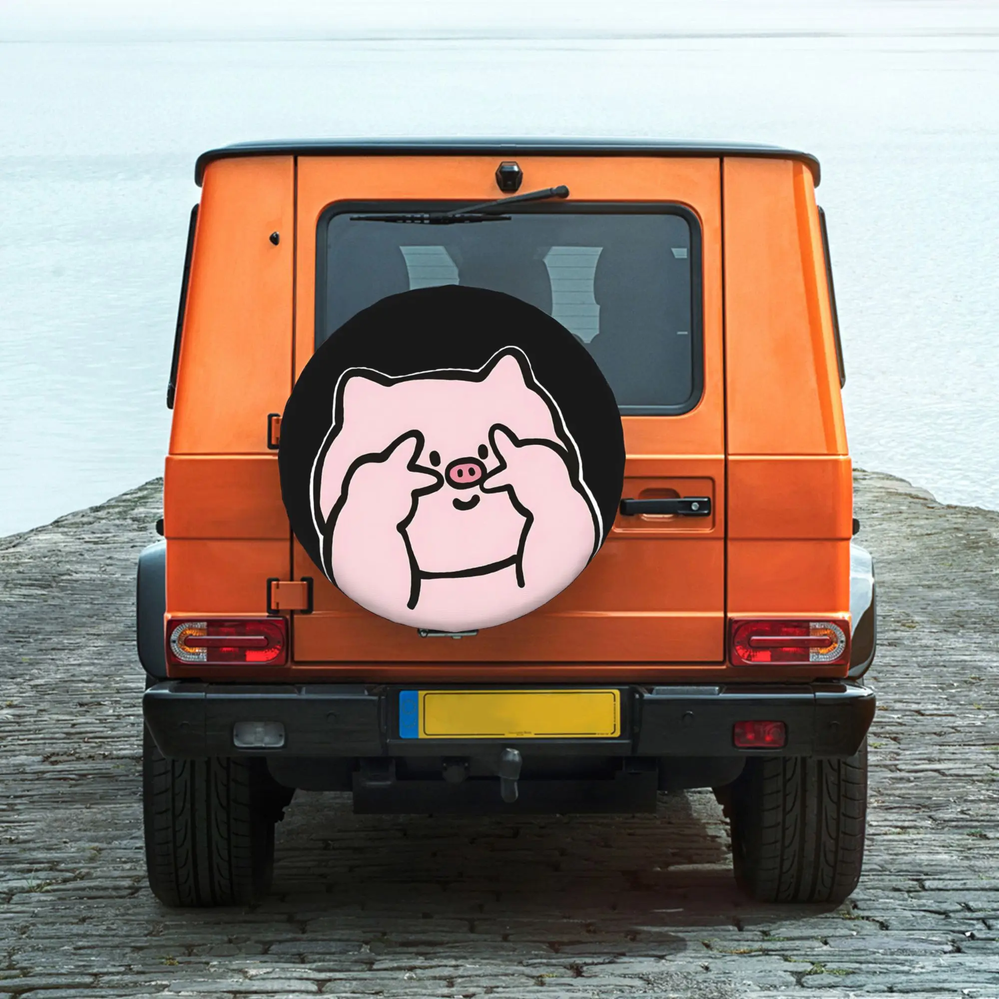 1pc Cute Pink Pig With Hands Up Printed Car Tire Cover, Universal Stylish Spare Wheel Protector, Perfect Fit Easy Installation.