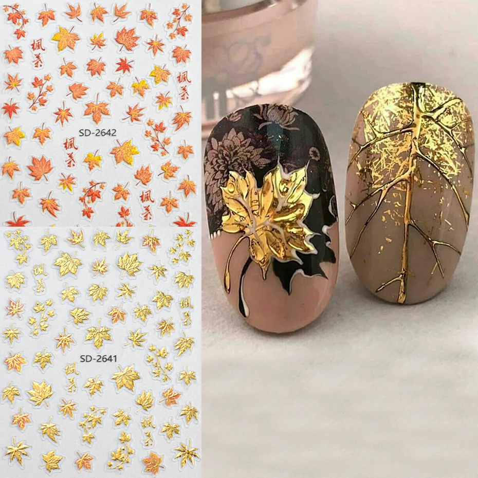 2 pcs 3D Golden Autumn Maple Leaves Nail Stickers Luxury Golden Orange Color Falling Leaves Nail Sliders Deep Fall Nail Decor