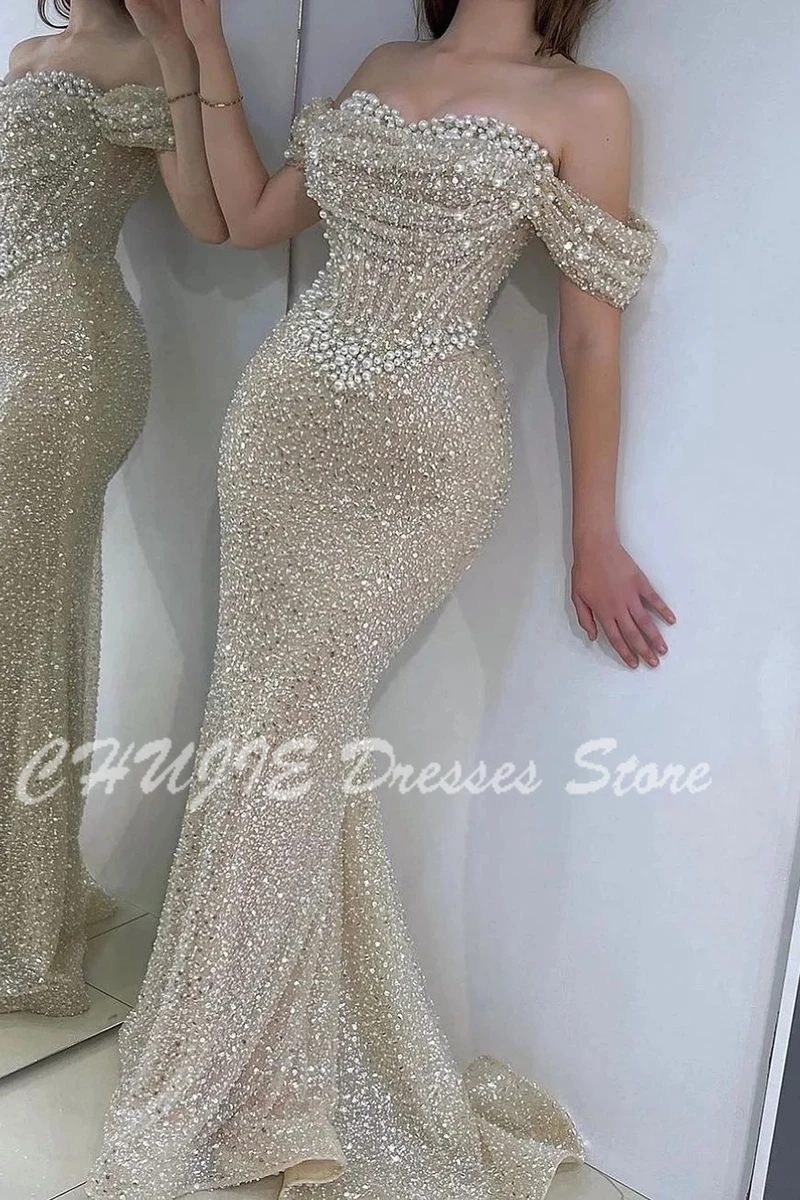 ที่กําหนดเองแขนกุดยาวประกายชุดปาร์ตี้ปิดไหล่ Sweetheart Mermaid ชุดราตรีเพิร์ลแน่นงานแต่งงานชุดเจ้าสาว