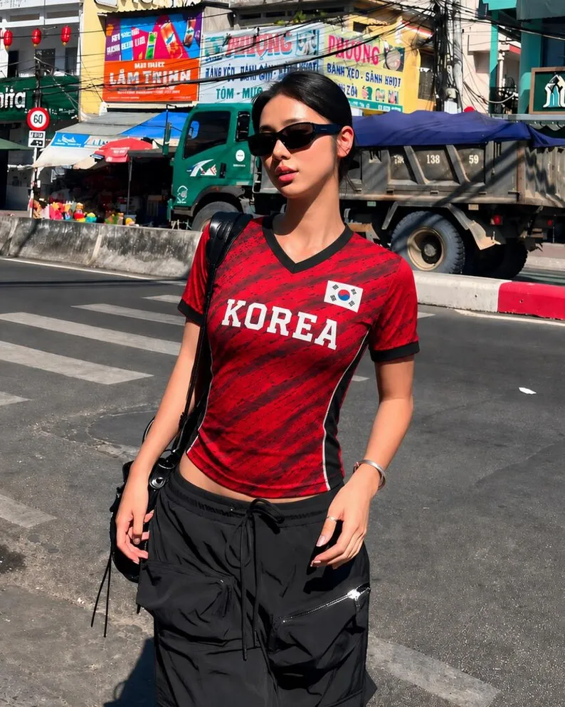 Korea Soccer Fan Jersey Red National Flag Graphic Short Sleeve Football Supporter Fashion T‑Shirt Ladies Family Kids Matching