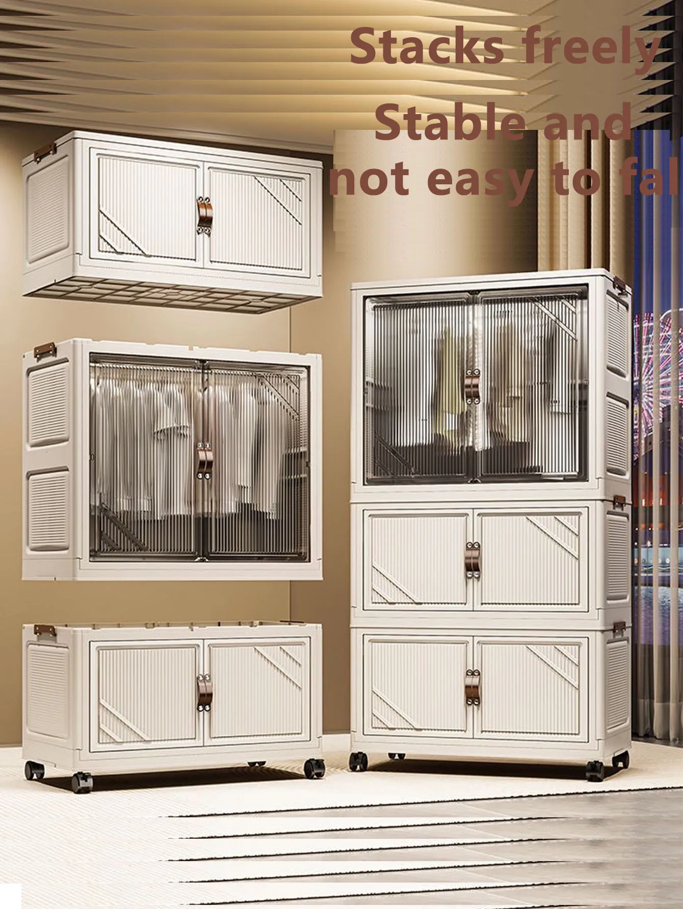 A multi layered closet a multifunctional box for storage an open door and an easy to assemble transparent plastic storage
