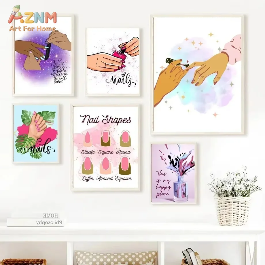 AZNM Nail Salon Themed Quote Canvas Poster, Frameless Manicure Hand Floral Illustration Wall Art For Beauty Shop Pink Style Inte