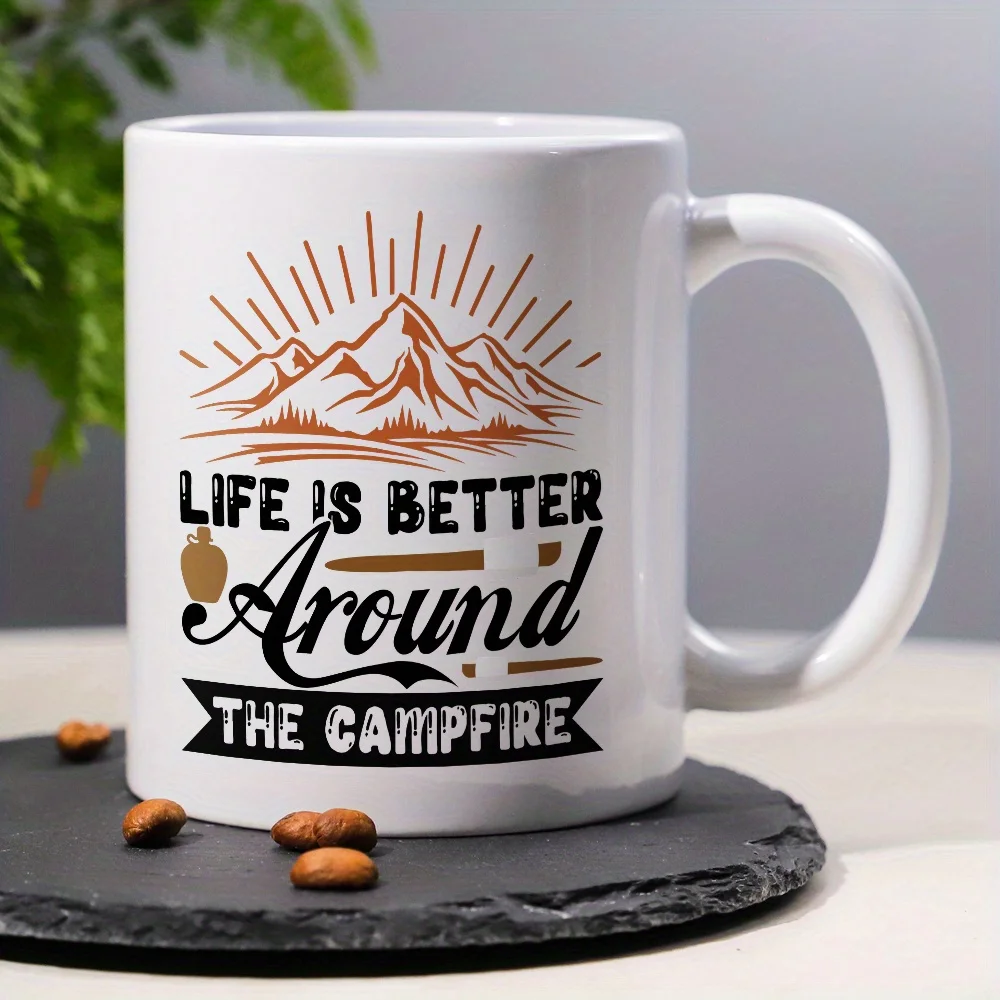 

"Life is Better Around the Campfire" 11oz Ceramic Mug with Mountain Sunrise Design & Pink Handle - Insulated Reusable Coffee & T