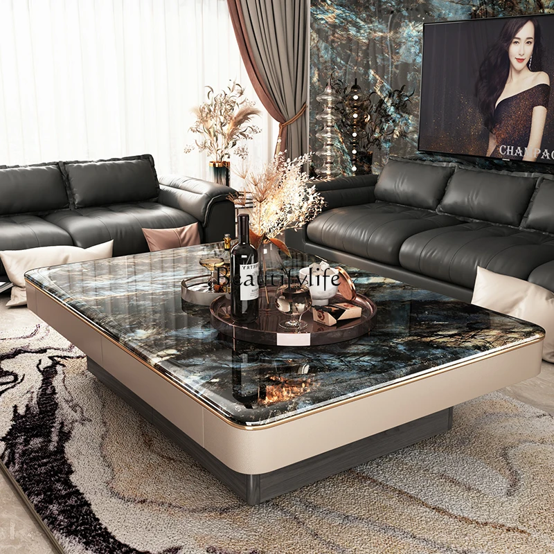 

05-French luxury stone coffee table modern simple villa living room 2025 new light luxury high-end home marble square table