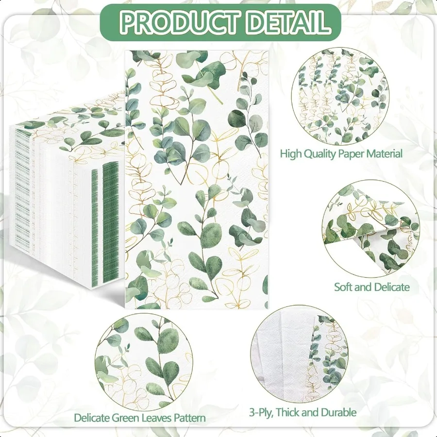 100PCS Greenery Paper Napkins 3 Ply  Hand Towels for Bathroom Green Eucalyptus Leaf Guest Napkins Decorative Dinner Napkins for