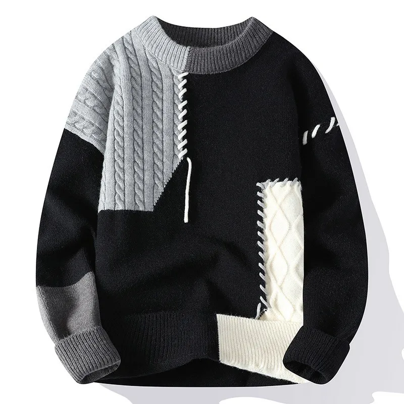 

Autumn Winter Warm Mens Knitted Sweaters Fashion Patchwork O Neck Knit Pullovers Korean Streetwear Pullover Casual Mens Clothing