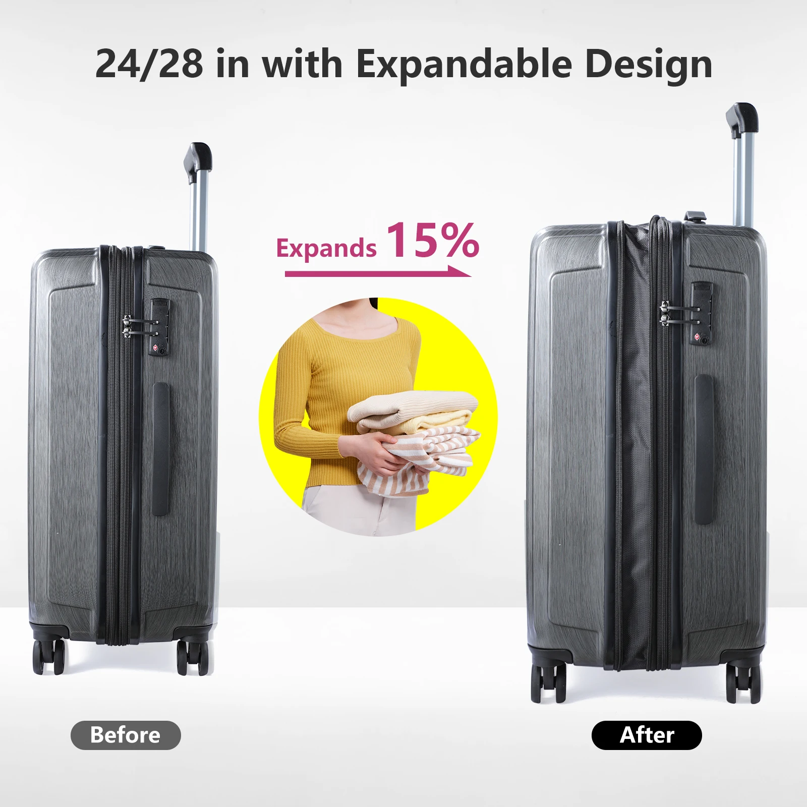 Ensemble de bagages avec poche avant pour ordinateur portable, roues silencieuses, spinner rigide léger, extensible, ABS et PC, serrure TSA, gris, 19 po, 24/28 po, 3 pièces