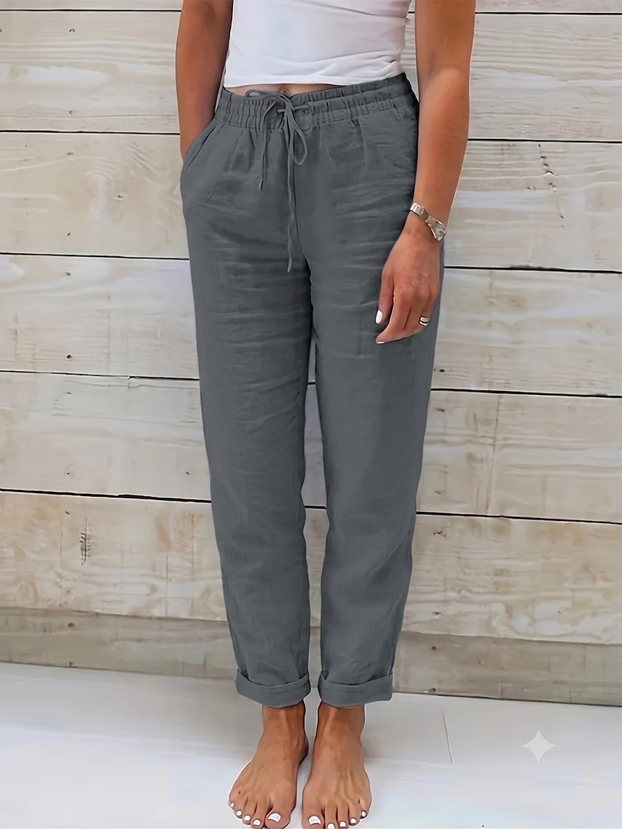 Women Casual Pants Drawstring Elastic Waist Loose Trousers Solid Color Pockets All Match Baggy Streetwear Straight Pants