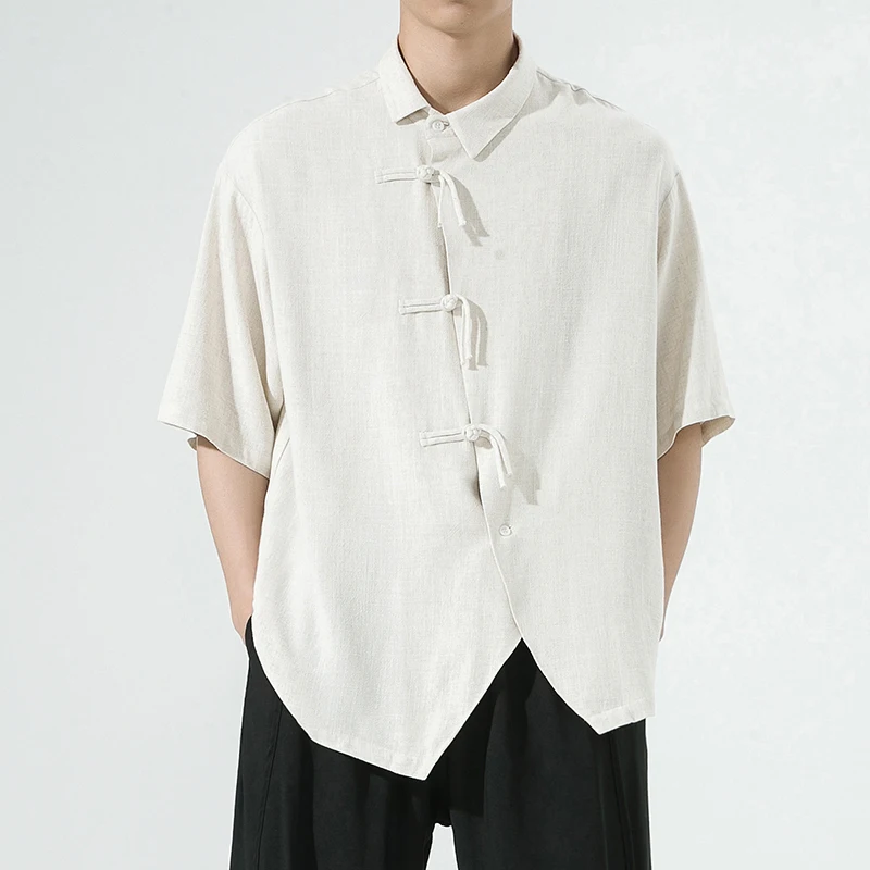 

Loose Cotton Linen Men's ort Sve irt Vintage Chinese Sle Tang Costume Summer Faionable Youth Button down irt