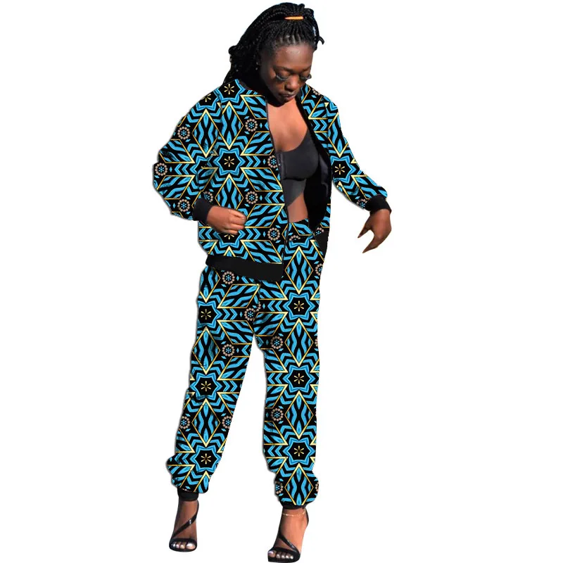 طقم مكون من قطعتين بنمط أوراق الطباعة الأفريقية بدلة رياضية نسائية غير رسمية بسحاب وسراويل ملابس أنقرة للسيدات #3