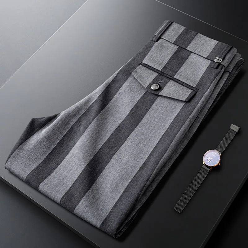 

Light luxury black and gray stripes slim slim slim straight leg plump handsome dress pants men's senior sense of business casual