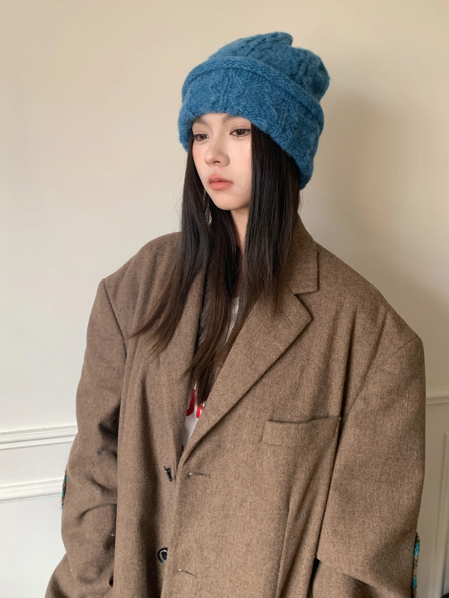 قبعة صوفية محبوكة كورية زرقاء جذابة للنساء دافئة في الخريف والشتاء مع وجه صغير وغطاء محرك السيارة لحماية الأذنين #5