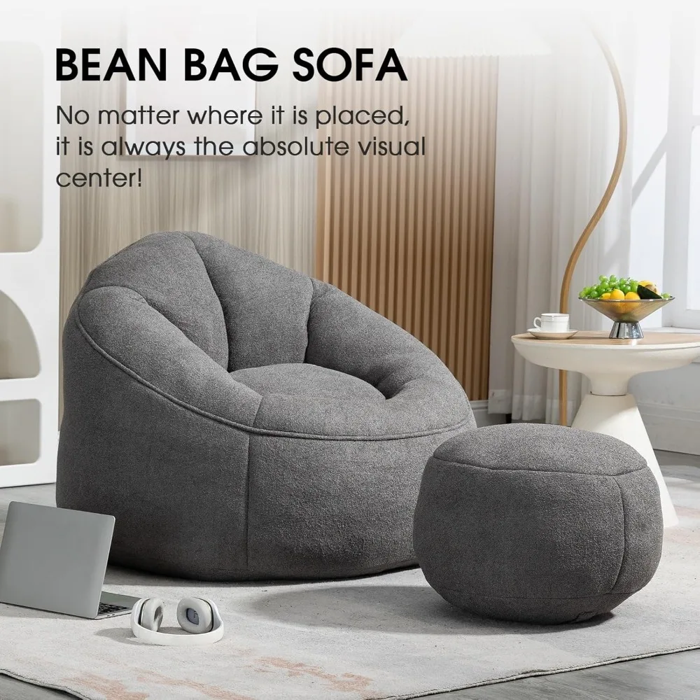 Bean Bag Chair for Adult, Bean Bag Sofa with Petal Back, Shell-Shaped Beanbag Chair with Footstool,Memory Foam Stuffed Lazy Sofa