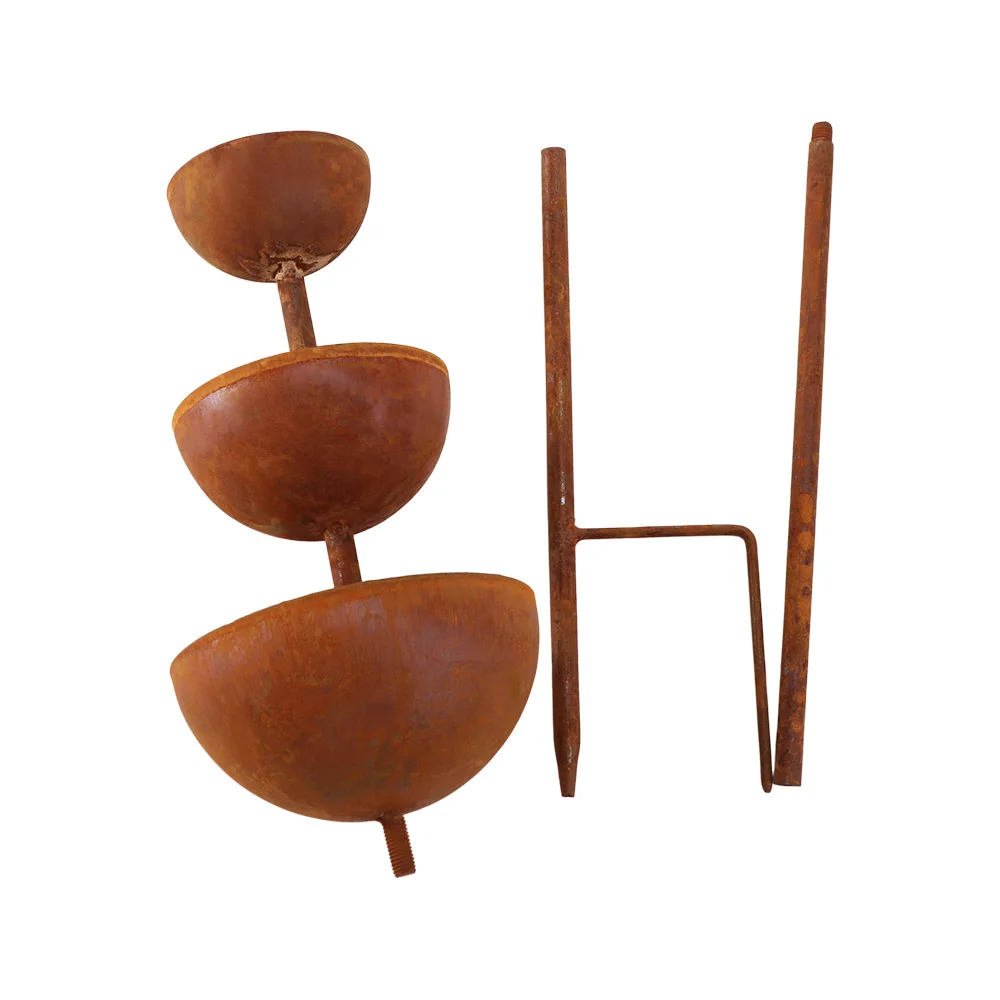 Practical 3-Tier Bowl Metal Bird Bath Vintage Iron Rusted Garden Rain Catcher Garden Stake Decorative Birdbath Stand Bird Lovers