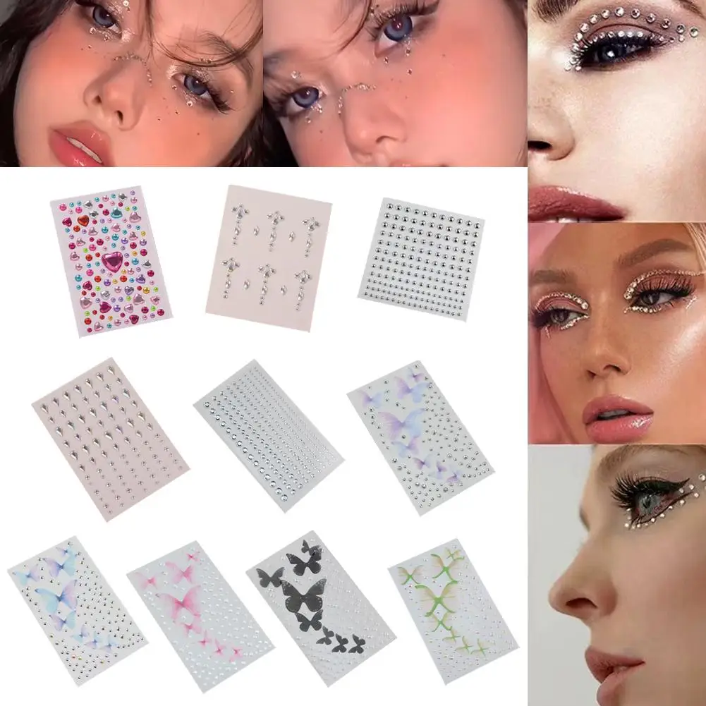 Maquillaje de ojos, pegatina de diamante con diamantes de imitación, pegatina de mariposa, esquina de maquillaje de mariposa, decoración de diamante brillante, cara, ojo de lágrima Sta O0M7