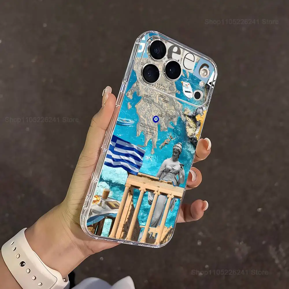 Blaue Kunst griechische Ägäis Handyhülle für iPhone 14,13,12,11,17,16,15,Pro,Max,Plus,X,XS,XR,SE,Mini transparente Softcover