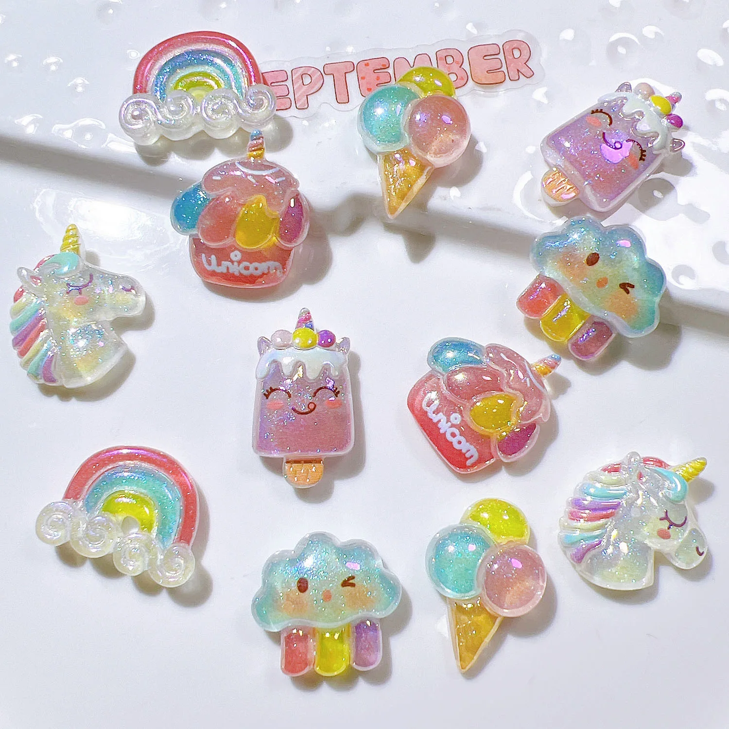 10Pcs Cute Unicorn, Rainbow, Ice Cream Series Flat Back Resin Cabochons Scrapbooking DIY Jewelry Craft Decoration Accessorie