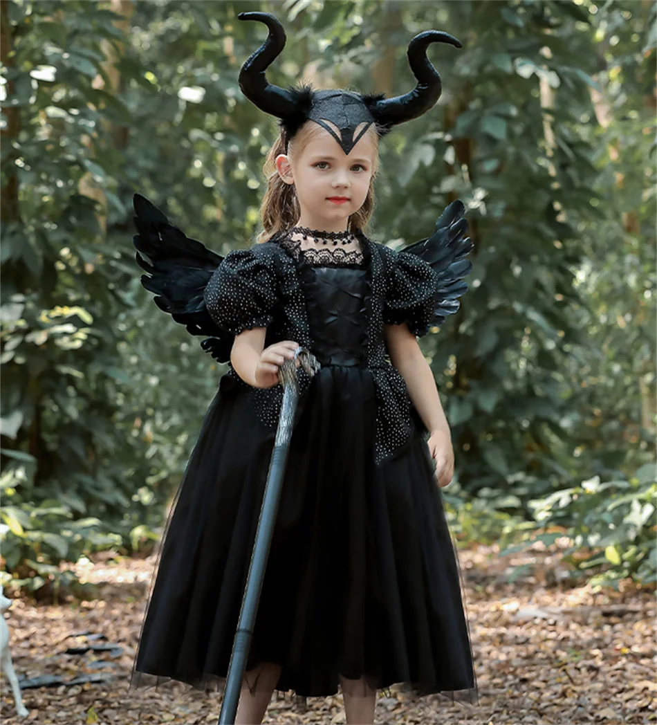 Böse Königin Halloween Cosplay Kostüm Mädchen Schwarzes Hexen-Prinzessinnenkleid Kinder Geburtstag Karneval Party Kleidung Bühnenauftritt Kleid – Detail 14