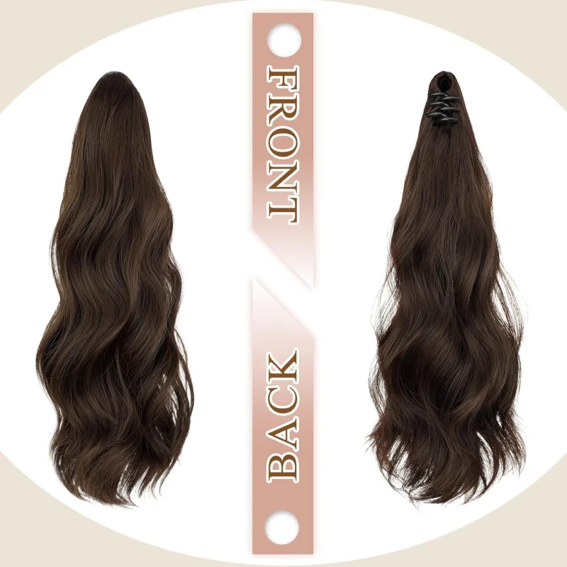 Long Curly Wavy Clip In Claw Ponytail Extension – Medium Brown, Natural Look Synthetic Hairpiece for Women