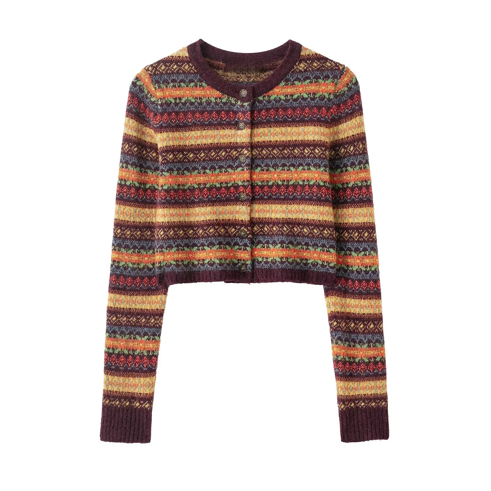 

2025 autumn new women's casual sweet fashion round neck long sleeve jacquard knitted short cardigan jacket