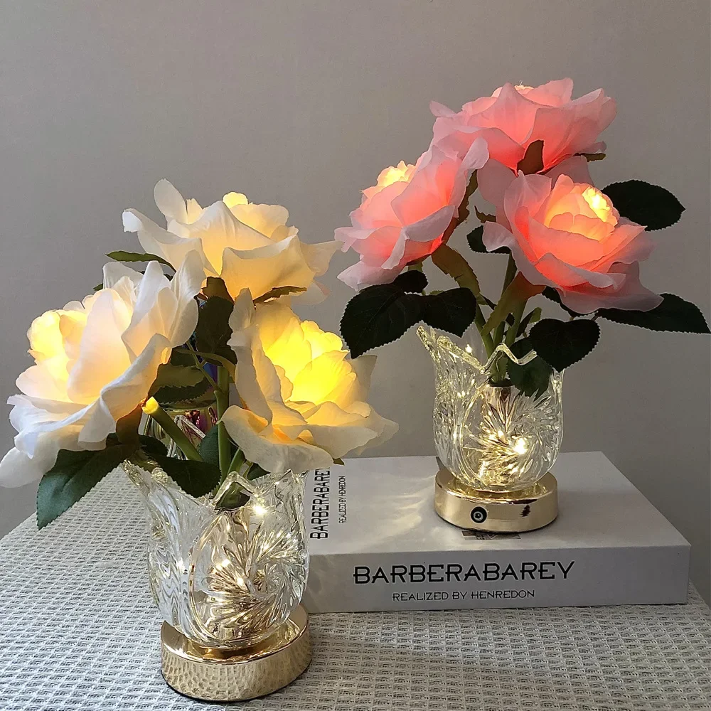 

Rose Table Lamp Artificial Flowers Creative Night Lights Battery Operated Atmosphere Light with Crystal Clear Glass Vase