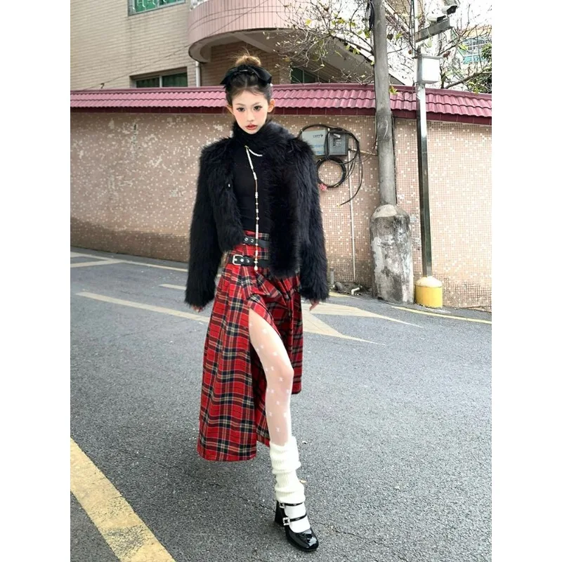 Vintage High Street Red Plaid A-Line Half-body Skirt for Women High Waist Straight Mid-Length Split Skirts Streetwear Y2k Skirt