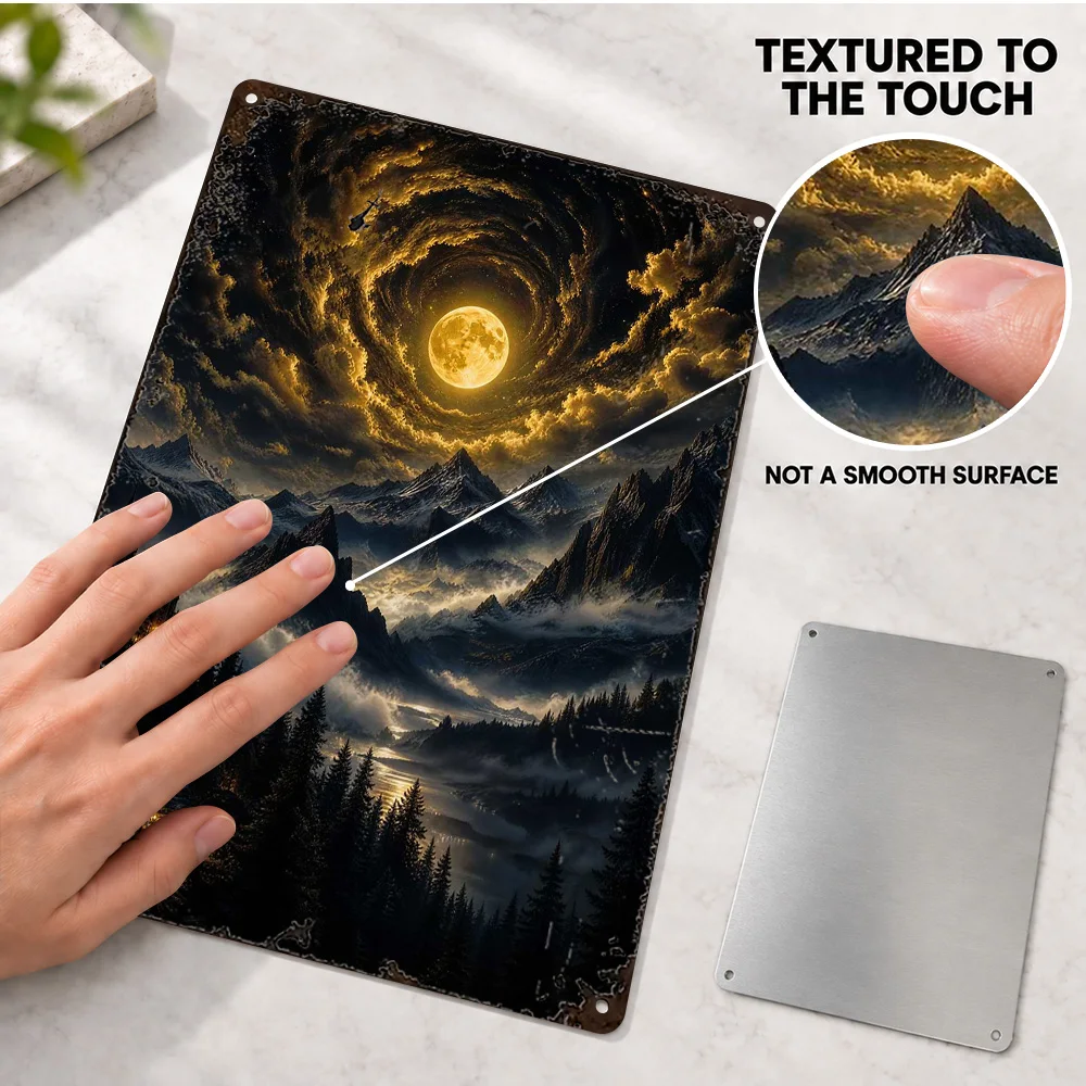 Moonlit Vortex Over Misty Mountains Aluminum Poster Customized Metal Sign Atmospheric Digital Painting Wall Art For Living Room