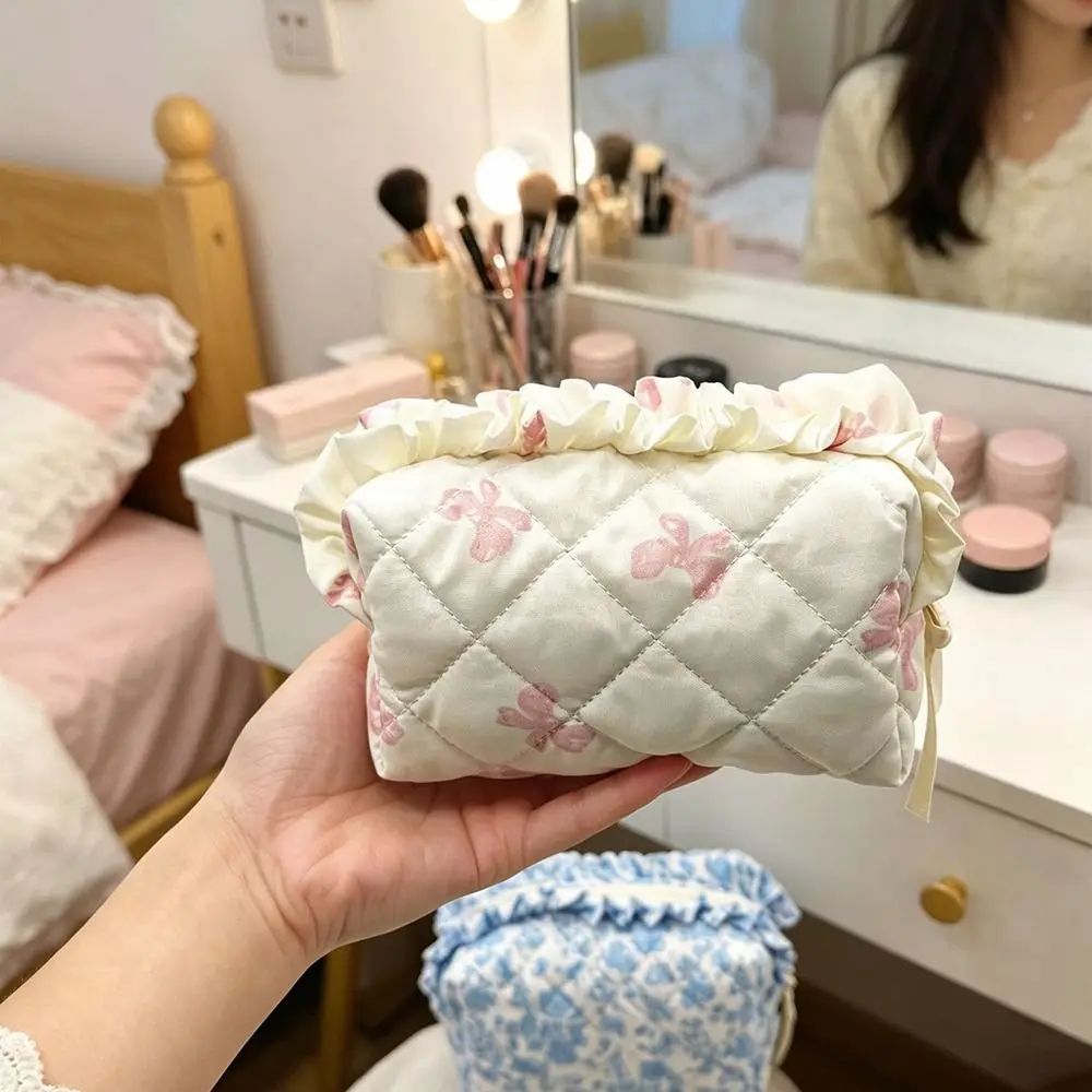 1pc High Quality Quilted Makeup Bag Floral Bow Large Capacity Toiletry Bag Cosmetic Pouch Women Girls